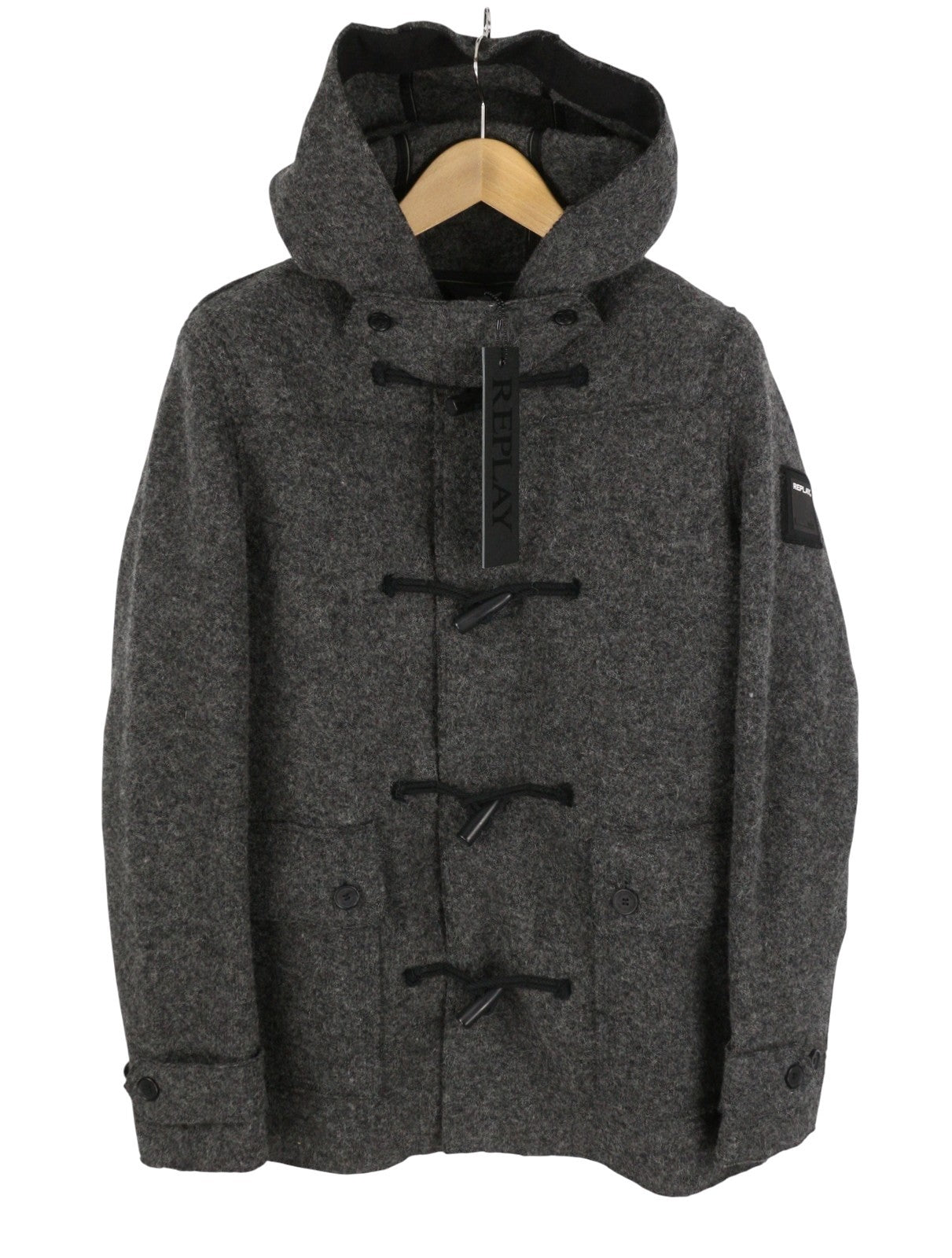REPLAY Men Coat XL Grey Melange Wool Blend Toggles Button Hooded