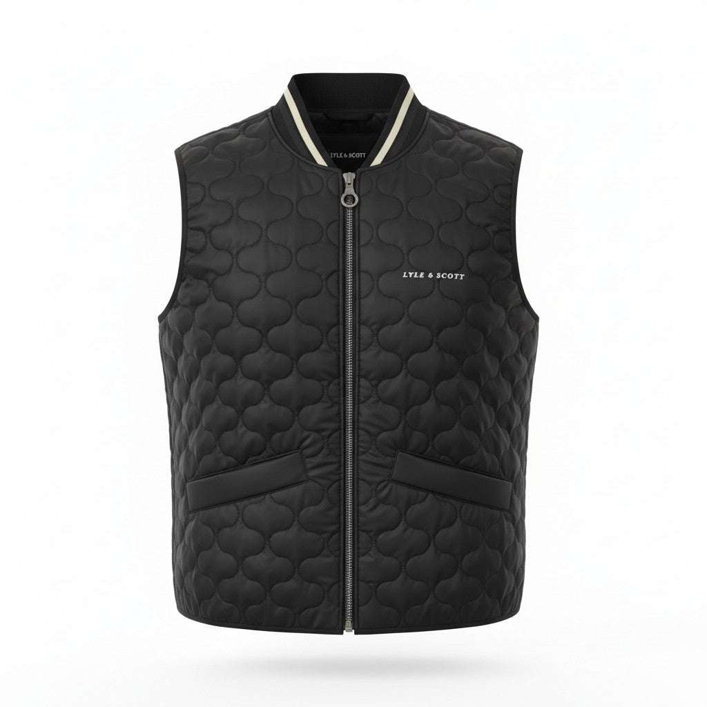 LYLE & SCOTT Men Waistcoat M Black Quilted Puffer Zip Bomber Neck Vest