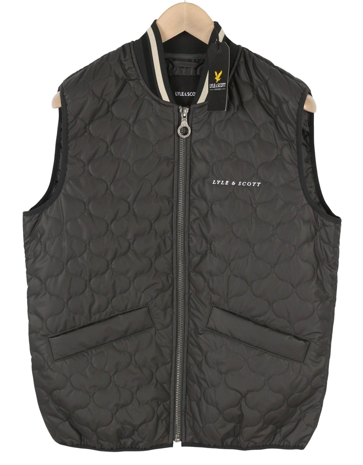 LYLE & SCOTT Men Waistcoat L Grey Padded Quilted Zipper Bomber Collar