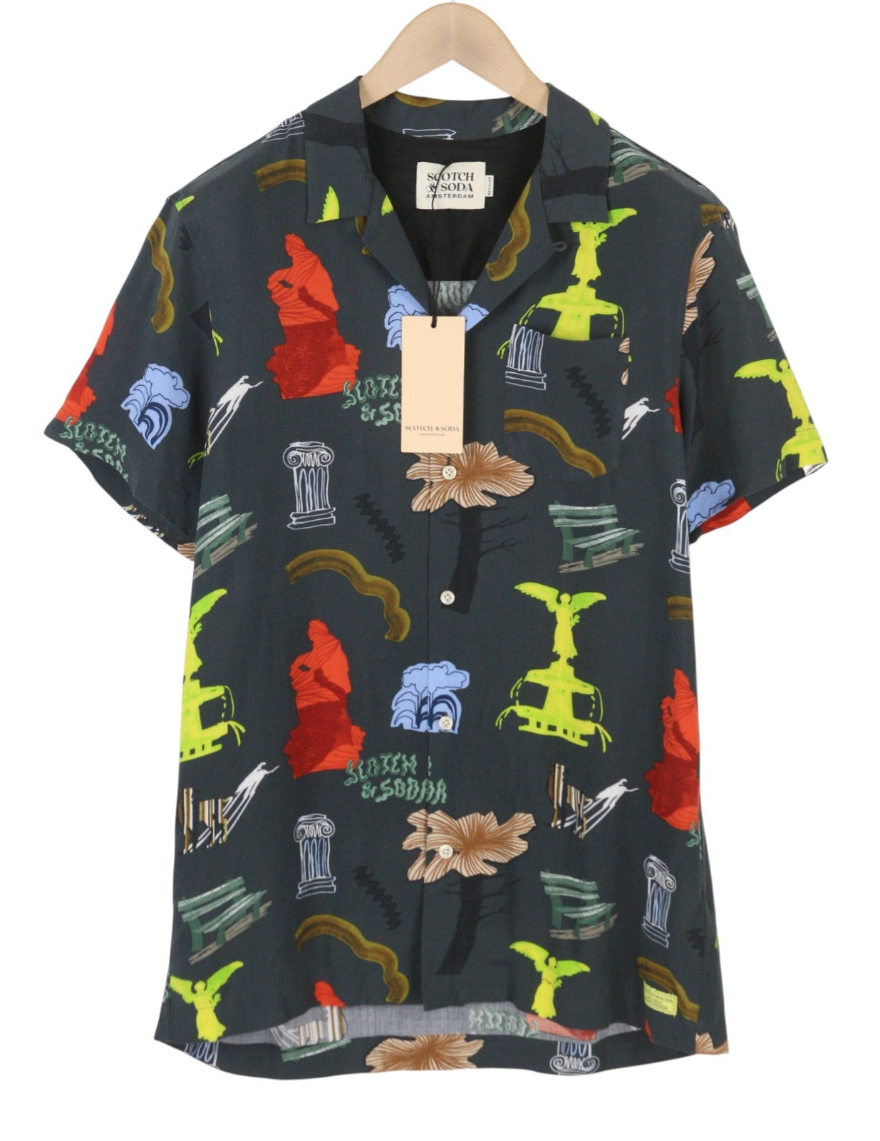 SCOTCH & SODA Men Shirt M Colourful Print Notch Collar Short Sleeve