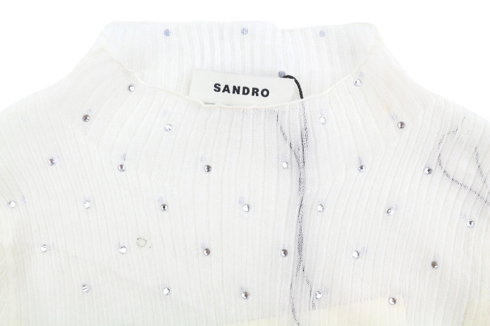 SANDRO Women Blouse 0 XS White Sheer Rhinestone Long Sleeve Top