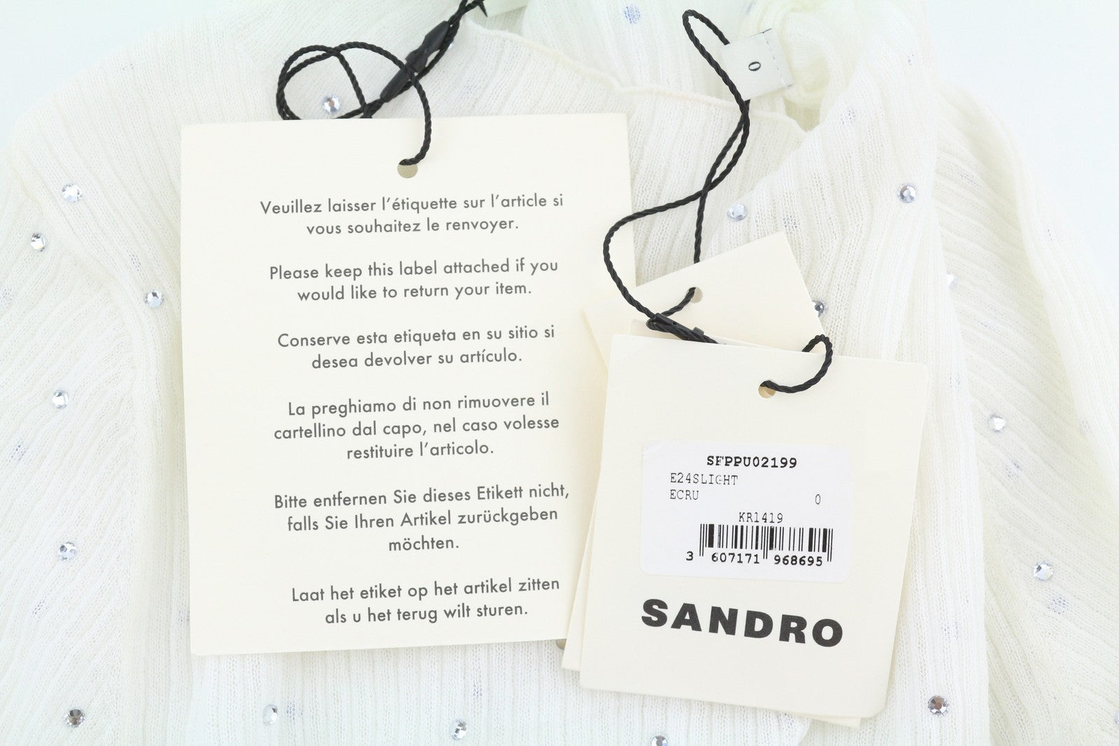 SANDRO Women Blouse 0 XS White Sheer Rhinestone Long Sleeve Top
