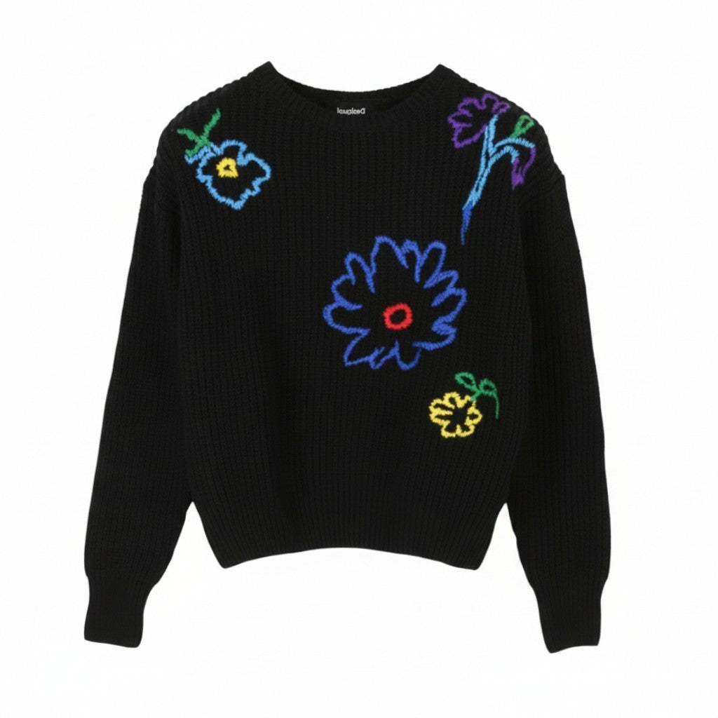 DESIGUAL Jers Larson Women Jumper XS Black Floral Embroidered Oversize Knit
