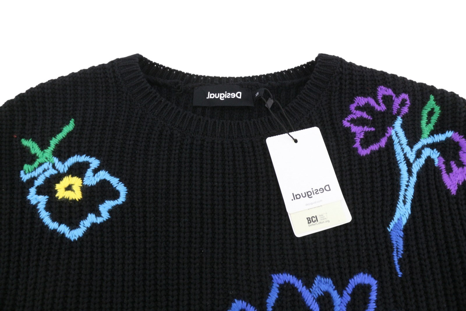 DESIGUAL Jers Larson Women Jumper XS Black Floral Embroidered Oversize Knit