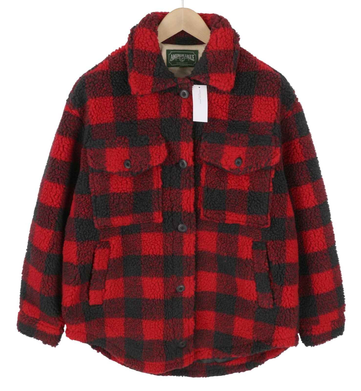 AMERICAN EAGLE OUTFITTERS Women Jacket S Red Check Fluffy Button Overshirt