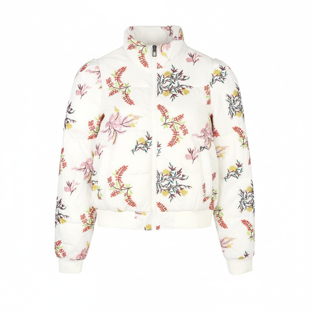 DESIGUAL Padded Nicole Women Jacket XS White Leaf Embroidered Full Zip RRP149