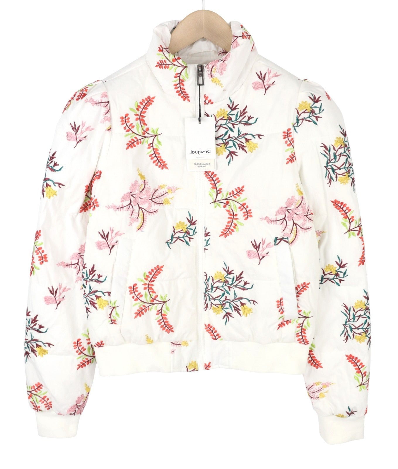 DESIGUAL Padded Nicole Women Jacket XS White Leaf Embroidered Full Zip RRP149