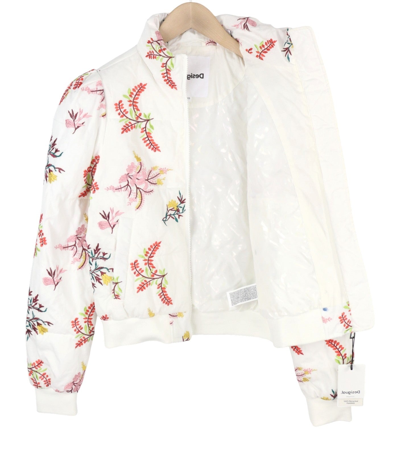 DESIGUAL Padded Nicole Women Jacket XS White Leaf Embroidered Full Zip RRP149