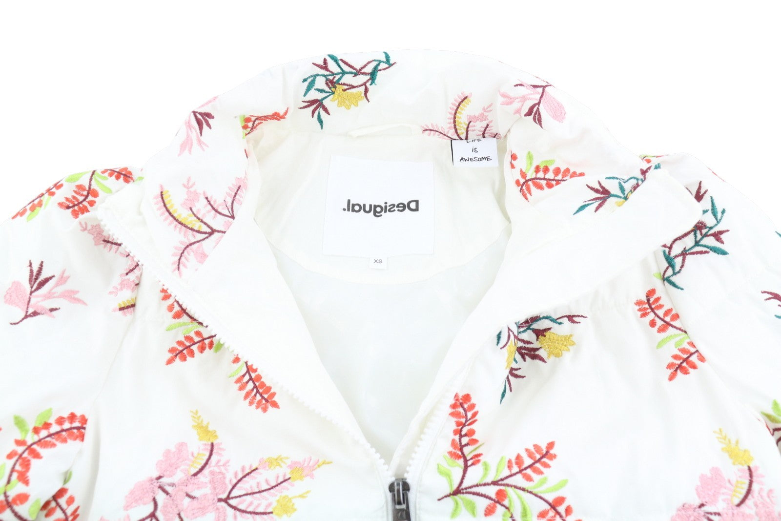 DESIGUAL Padded Nicole Women Jacket XS White Leaf Embroidered Full Zip RRP149