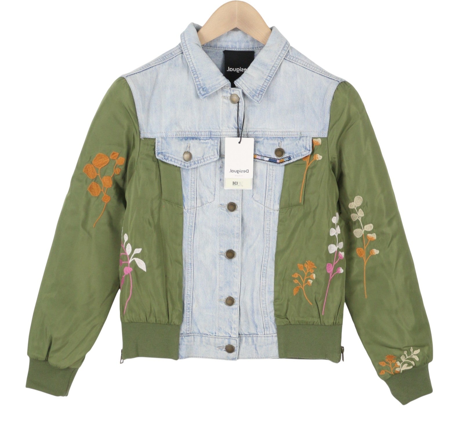 DESIGUAL Chaq New Port Beach Women Jacket S Denim Leaf Embroidered Button