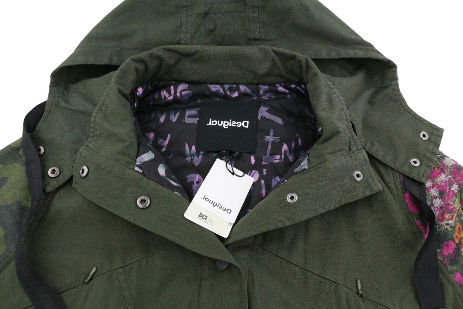 DESIGUAL Chaq Jorla Women Jacket L Dark Green Padded Hooded Longline