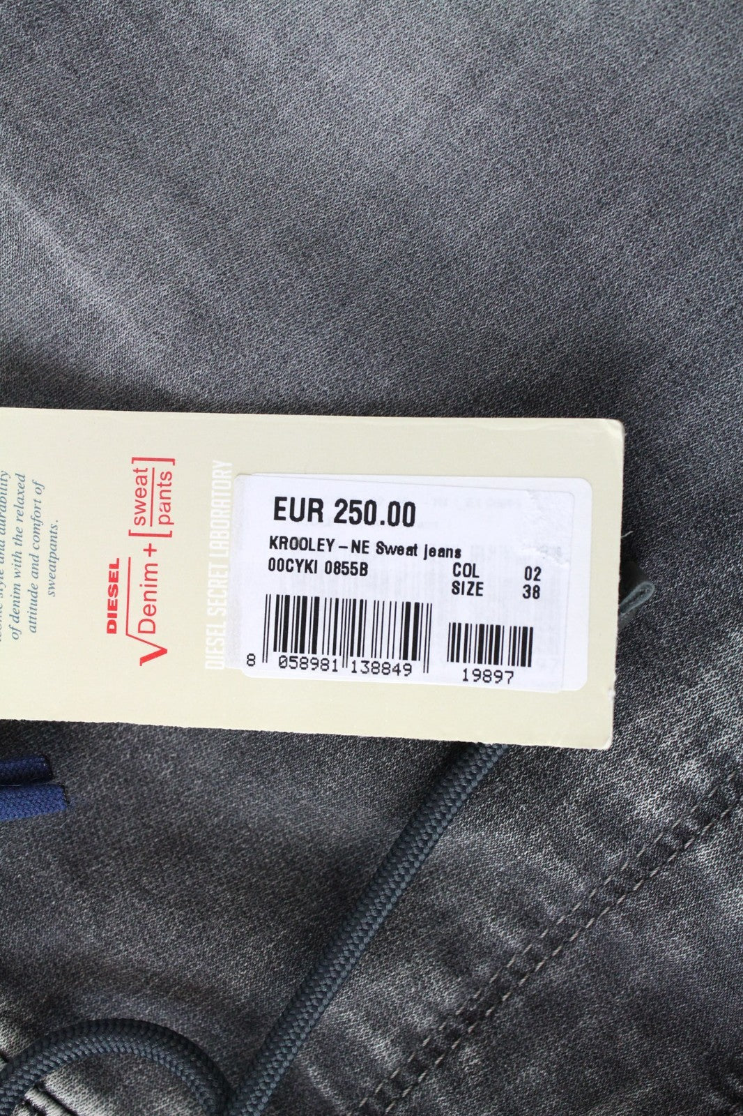 DIESEL Krooley-NE 0855B Men Jeans W38 Grey Jogg Sweat Stretch Slim Carrot Cut