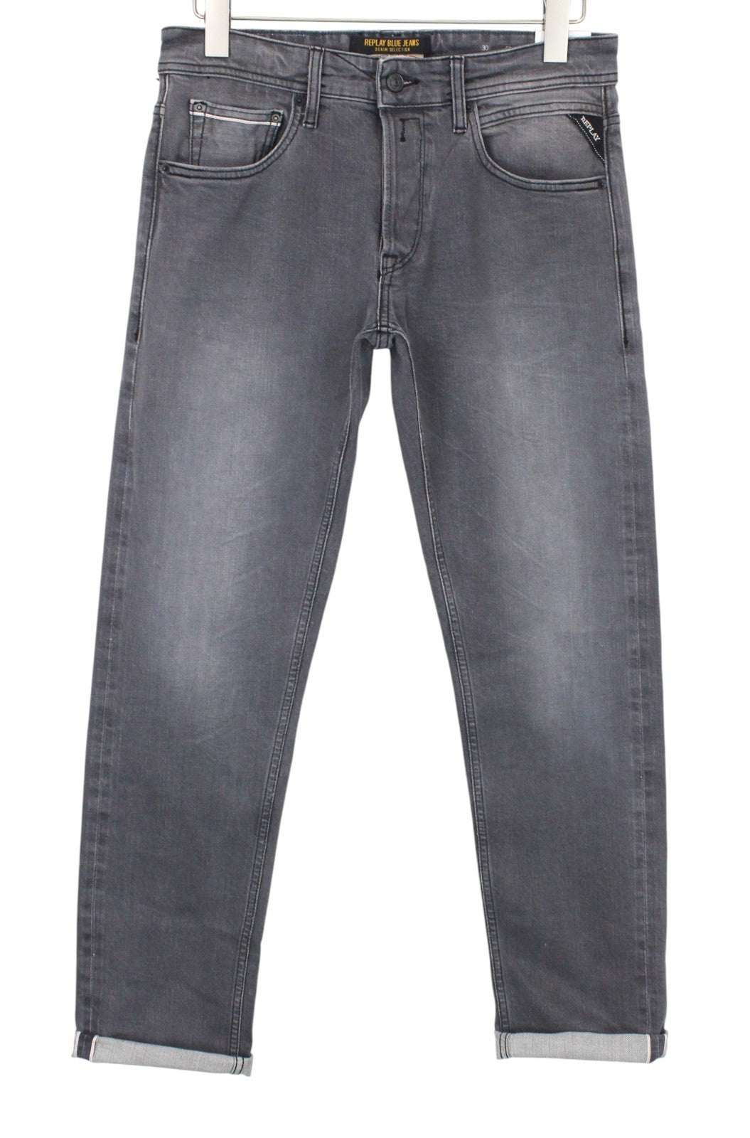 REPLAY Grover Men Jeans W30/L34 Mid Grey Stretch Straight Cut Salvage Buttoned