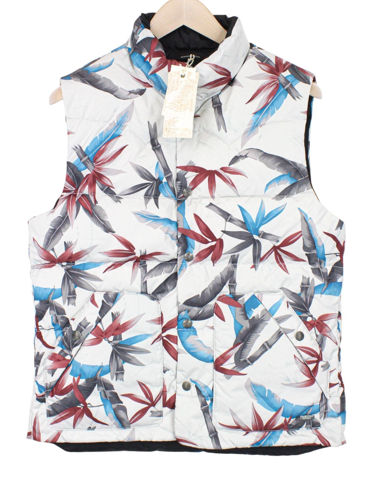 SCOTCH & SODA Men Vest M Off-White Leaf Print High Neckline Buttoned Reversible