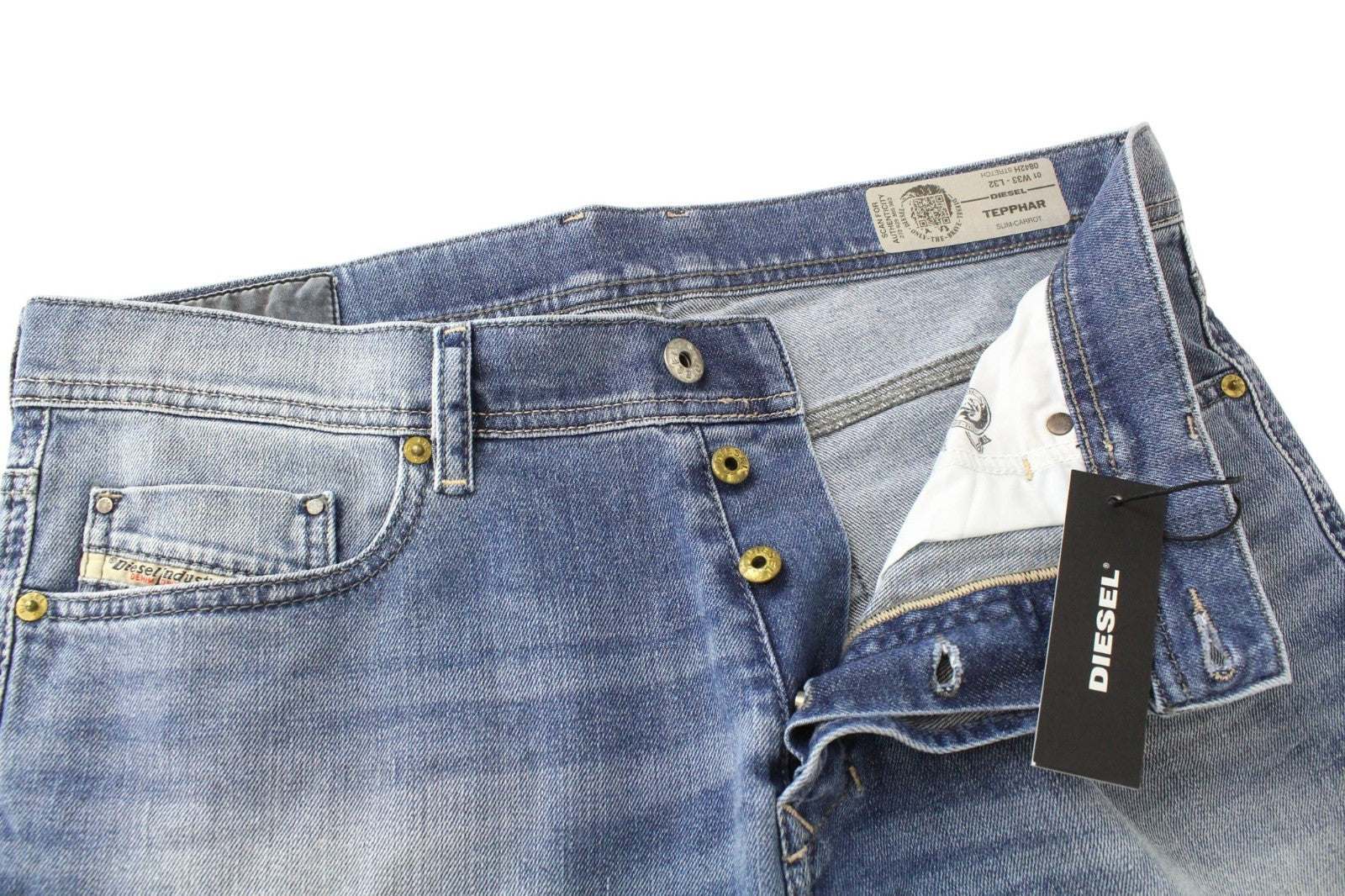 DIESEL Tepphar 0842H Men Jeans W33/L32 Slim-Carrot Washed Blue Cotton Stretch
