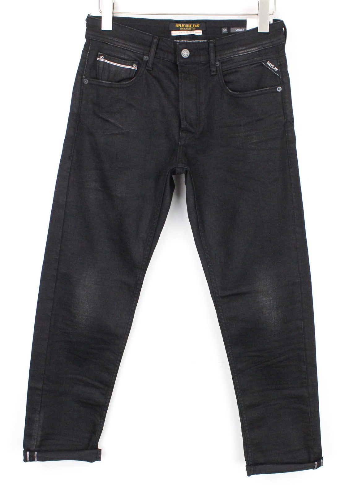 REPLAY Grover Men Jeans W30/L30 Straight Fit Black Cotton Blend Stretch Selvedge
