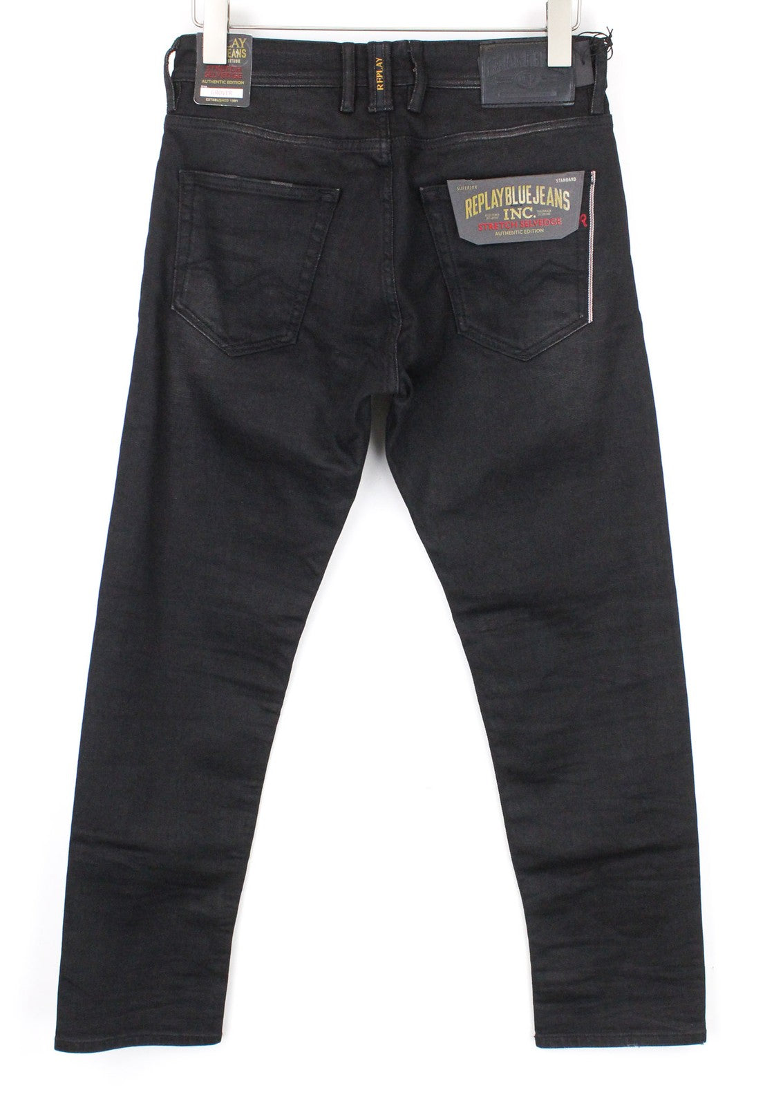 REPLAY Grover Men Jeans W30/L30 Straight Fit Black Cotton Blend Stretch Selvedge