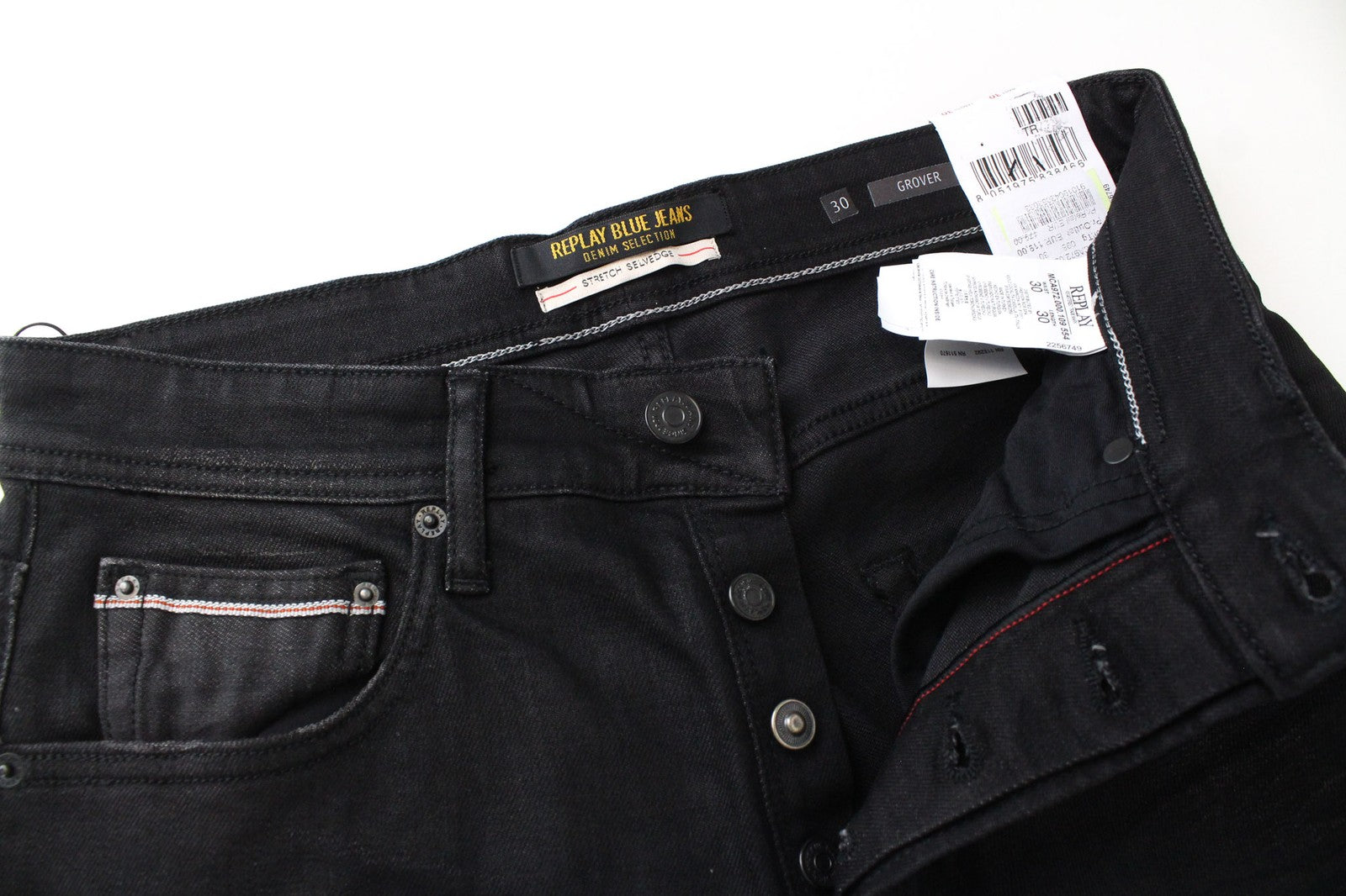 REPLAY Grover Men Jeans W30/L30 Straight Fit Black Cotton Blend Stretch Selvedge