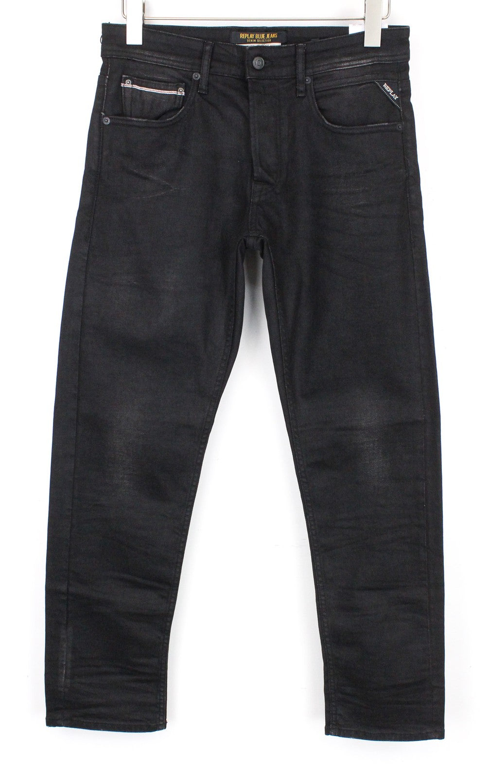 REPLAY Grover Men Jeans W31/L34 Straight Black Cotton Stretch 5-Pocket Selvedge