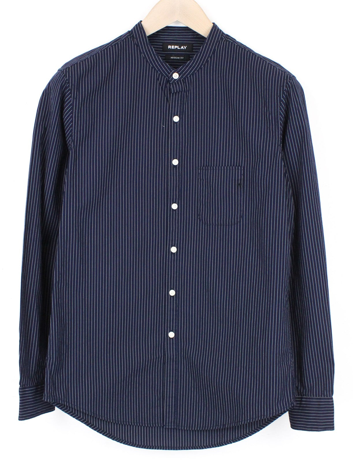 REPLAY Men Shirt M Dark Blue Pure Cotton Striped Long Sleeve Button-Up Twill