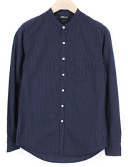 REPLAY Men Shirt M Dark Blue Pure Cotton Striped Long Sleeve Button-Up Twill