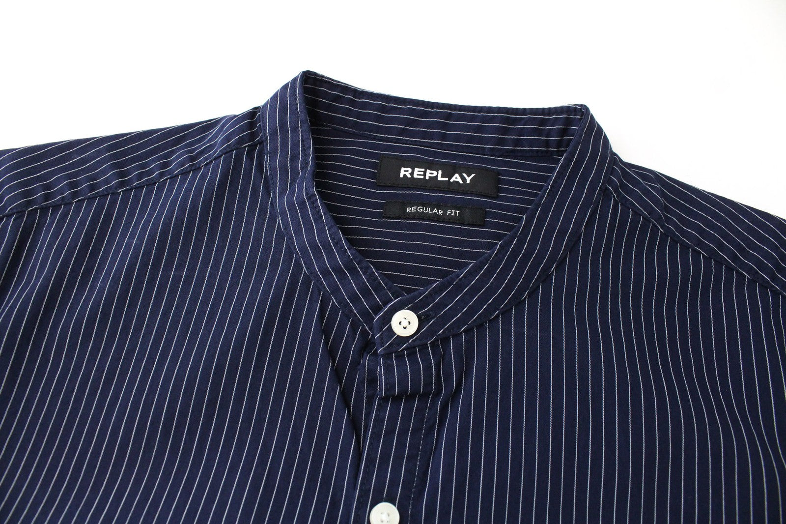 REPLAY Men Shirt M Dark Blue Pure Cotton Striped Long Sleeve Button-Up Twill