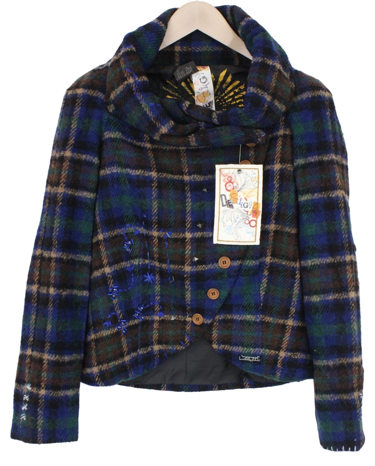 DESIGUAL Women Jacket 38 Blue Wool Blend Checked Long Sleeved Single-Breasted