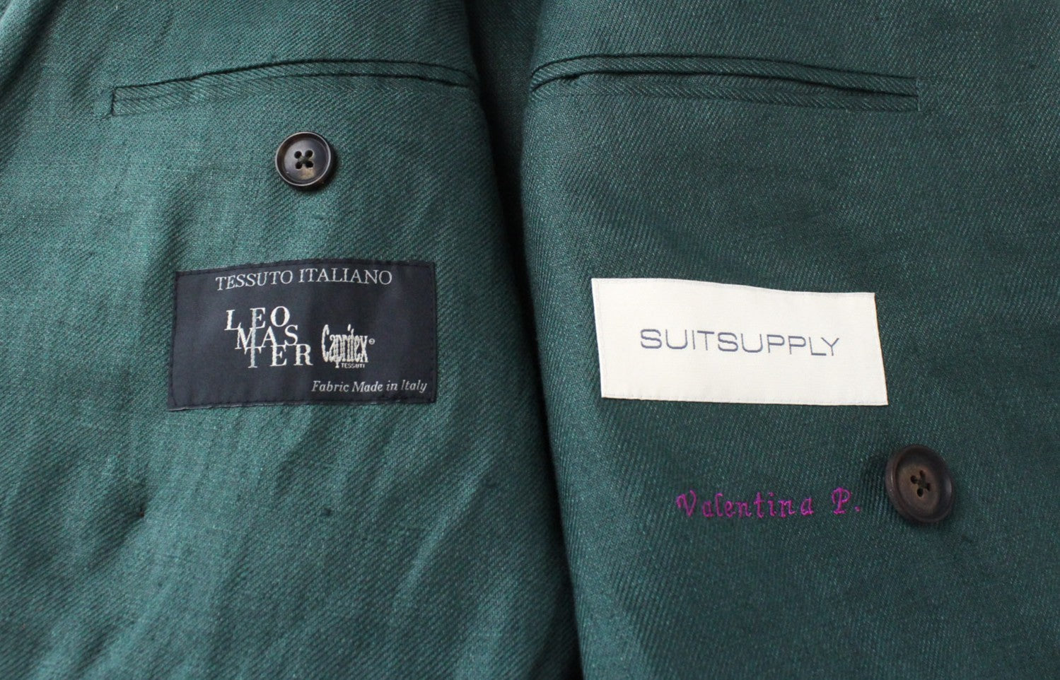 SUITSUPPLY La Spalla Men Suit UK32R Green 2-Piece Slim Melange Two-Row Linen