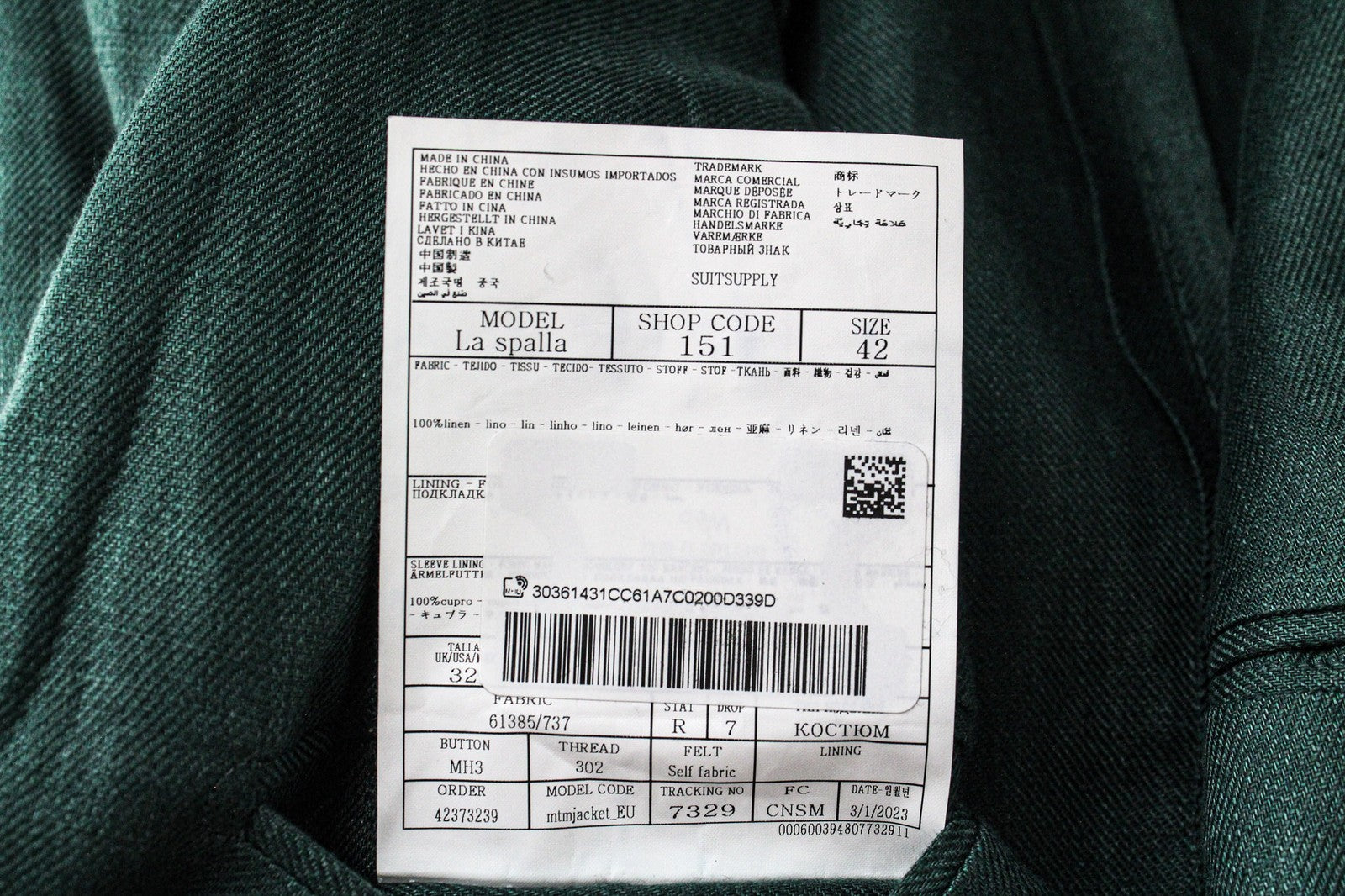 SUITSUPPLY La Spalla Men Suit UK32R Green 2-Piece Slim Melange Two-Row Linen