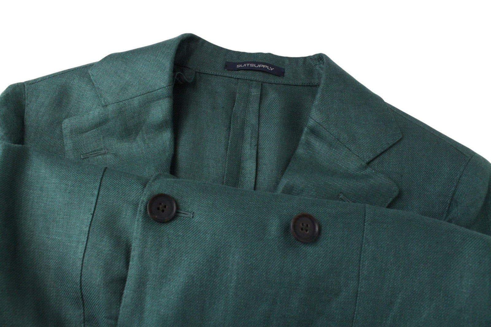 SUITSUPPLY La Spalla Men Suit UK32R Green 2-Piece Slim Melange Two-Row Linen