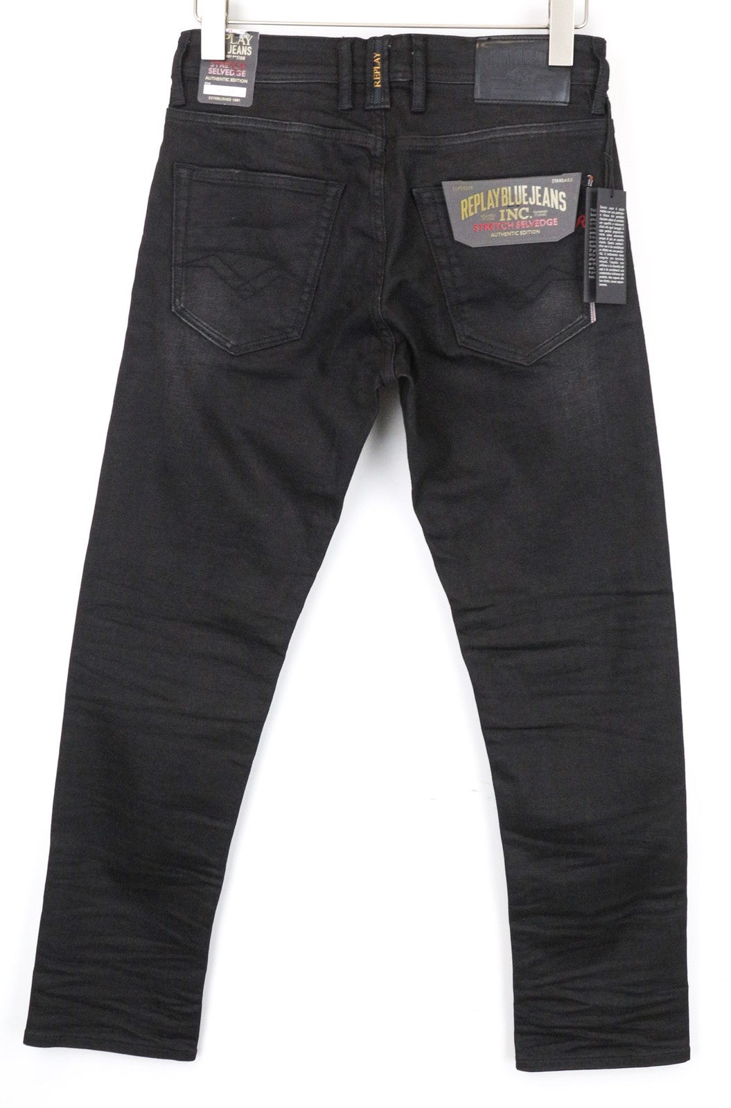 REPLAY Grover Men Jeans W29/L30 Black Stretch Straight Fit Selvedge Buttoned