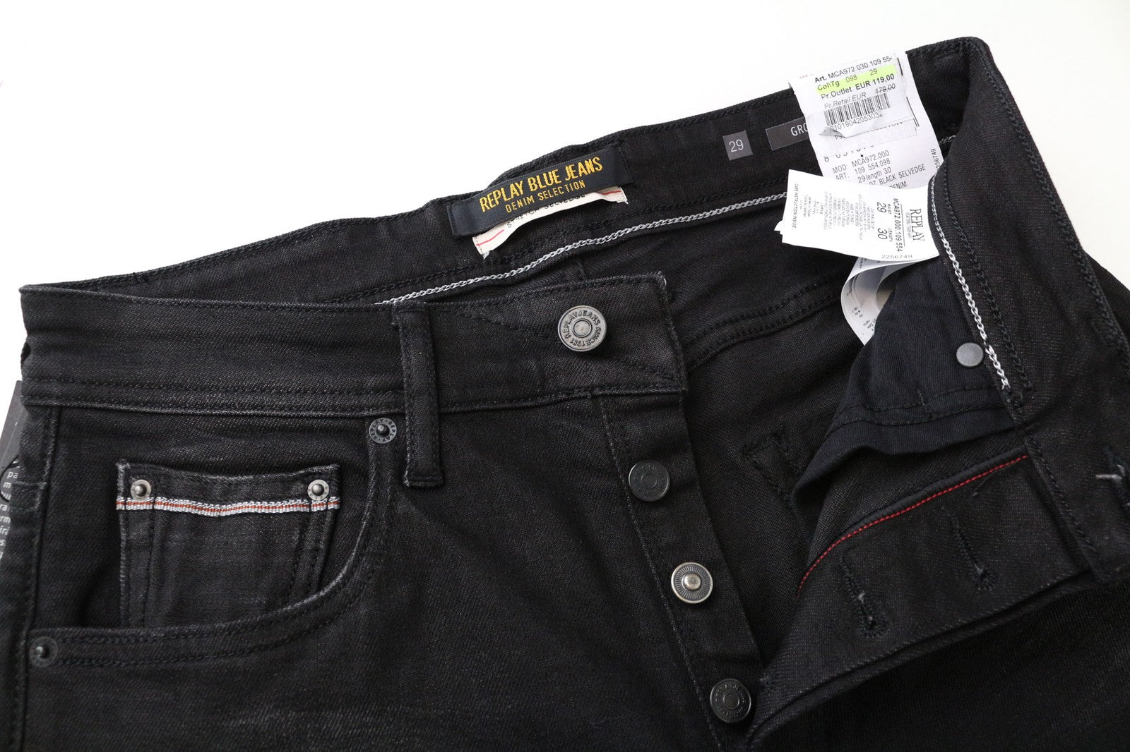 REPLAY Grover Men Jeans W29/L30 Black Stretch Straight Fit Selvedge Buttoned