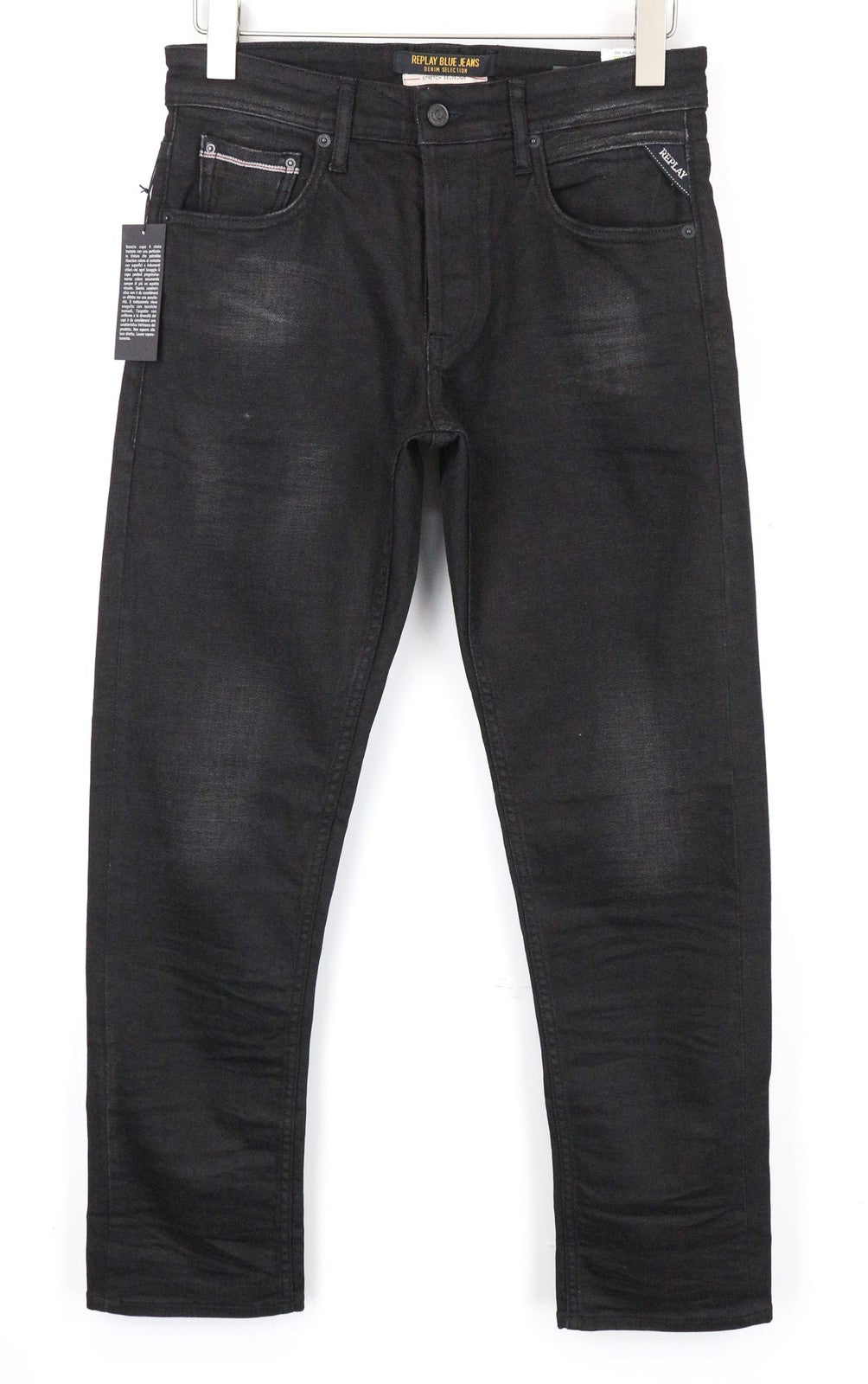 REPLAY Grover Men Jeans W30/L30 Selvedge Black Stretch Straight Fitted Button