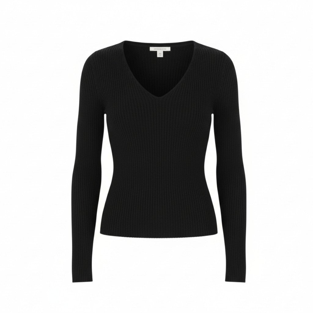 AMERICAN EAGLE OUTFITTERS Women Jumper S Black Rib Knit V-Neck Pull On