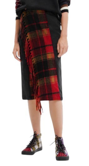 DESIGUAL Fal Dora Women Skirt L Black Denim Check Fringe Slim Knee Length