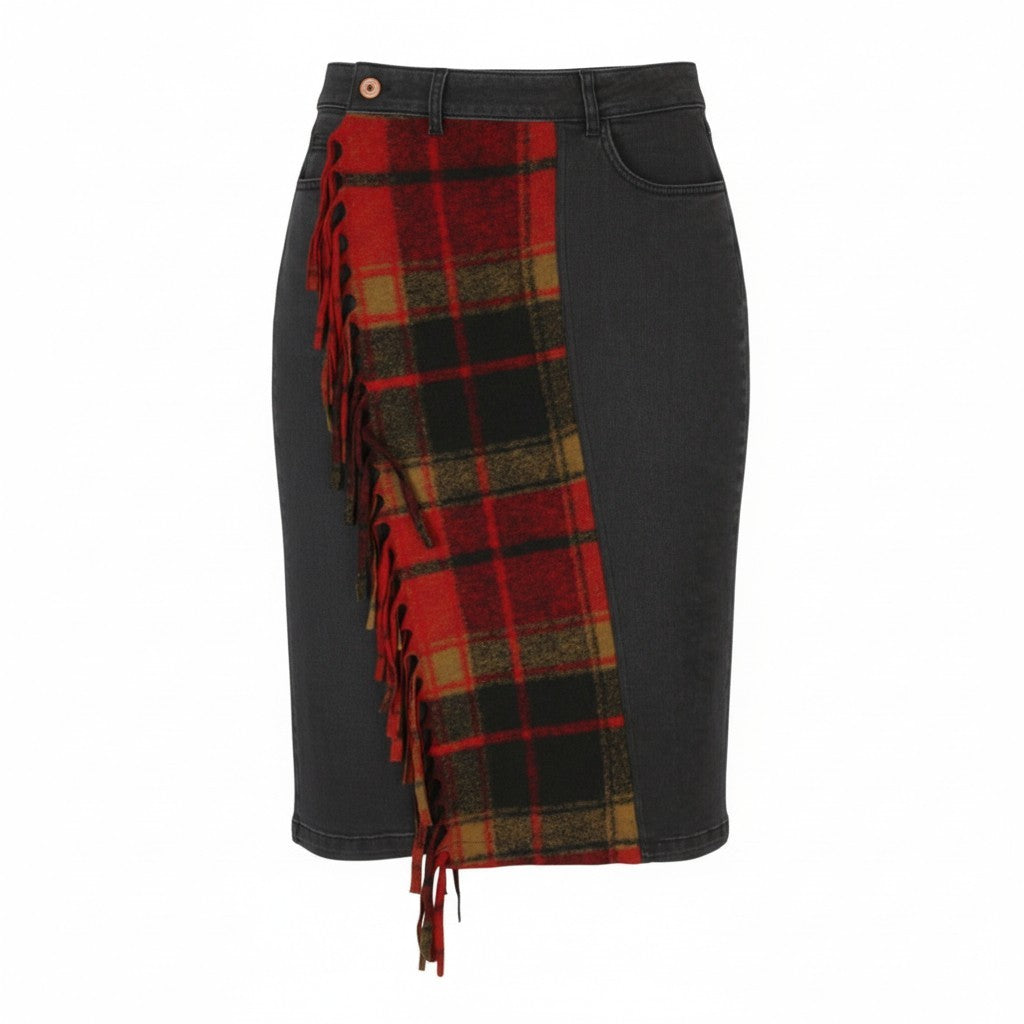 DESIGUAL Fal Dora Women Skirt L Black Denim Check Fringe Slim Knee Length