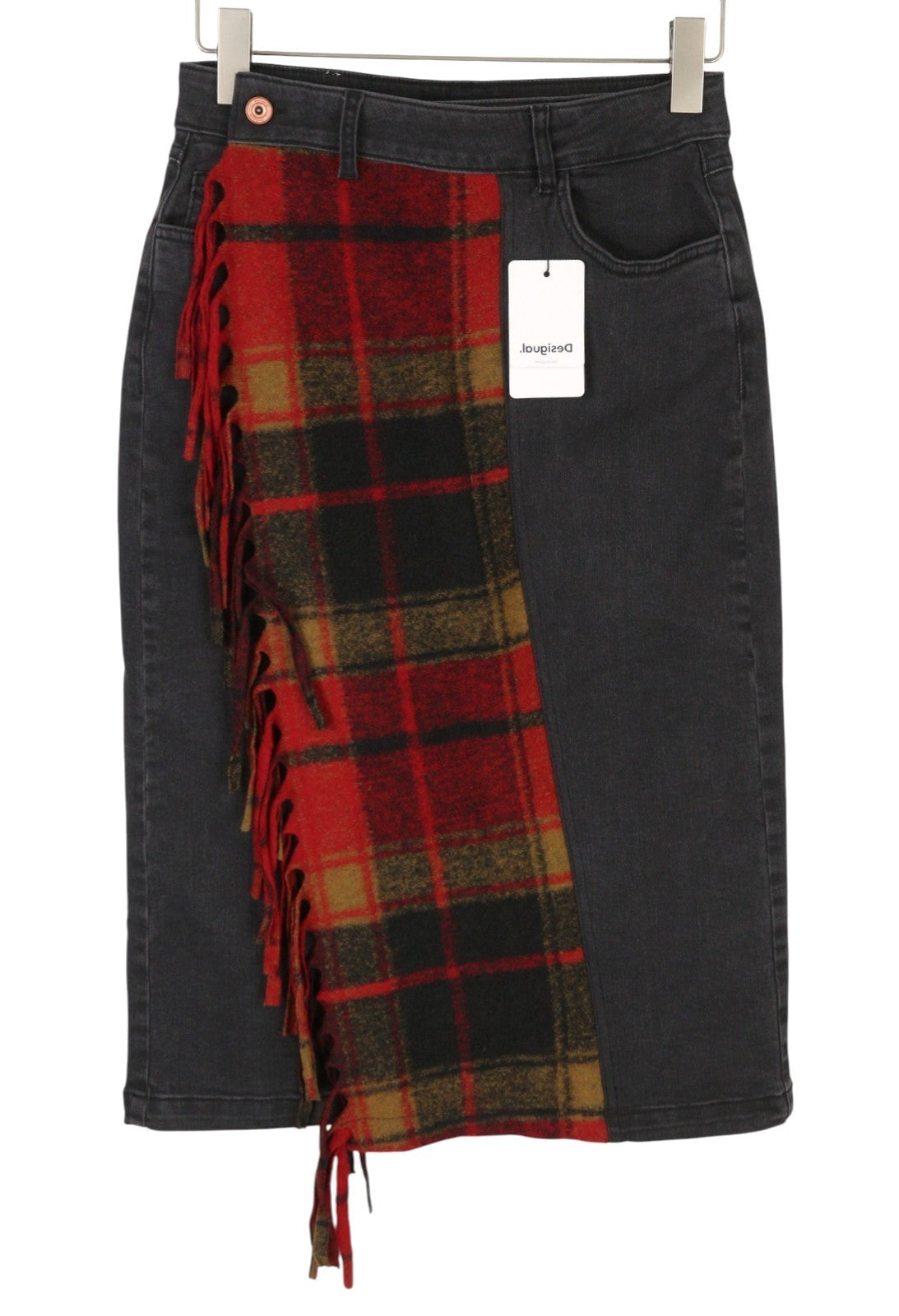 DESIGUAL Fal Dora Women Skirt XS Black Denim Check Fringe Slim Knee Length