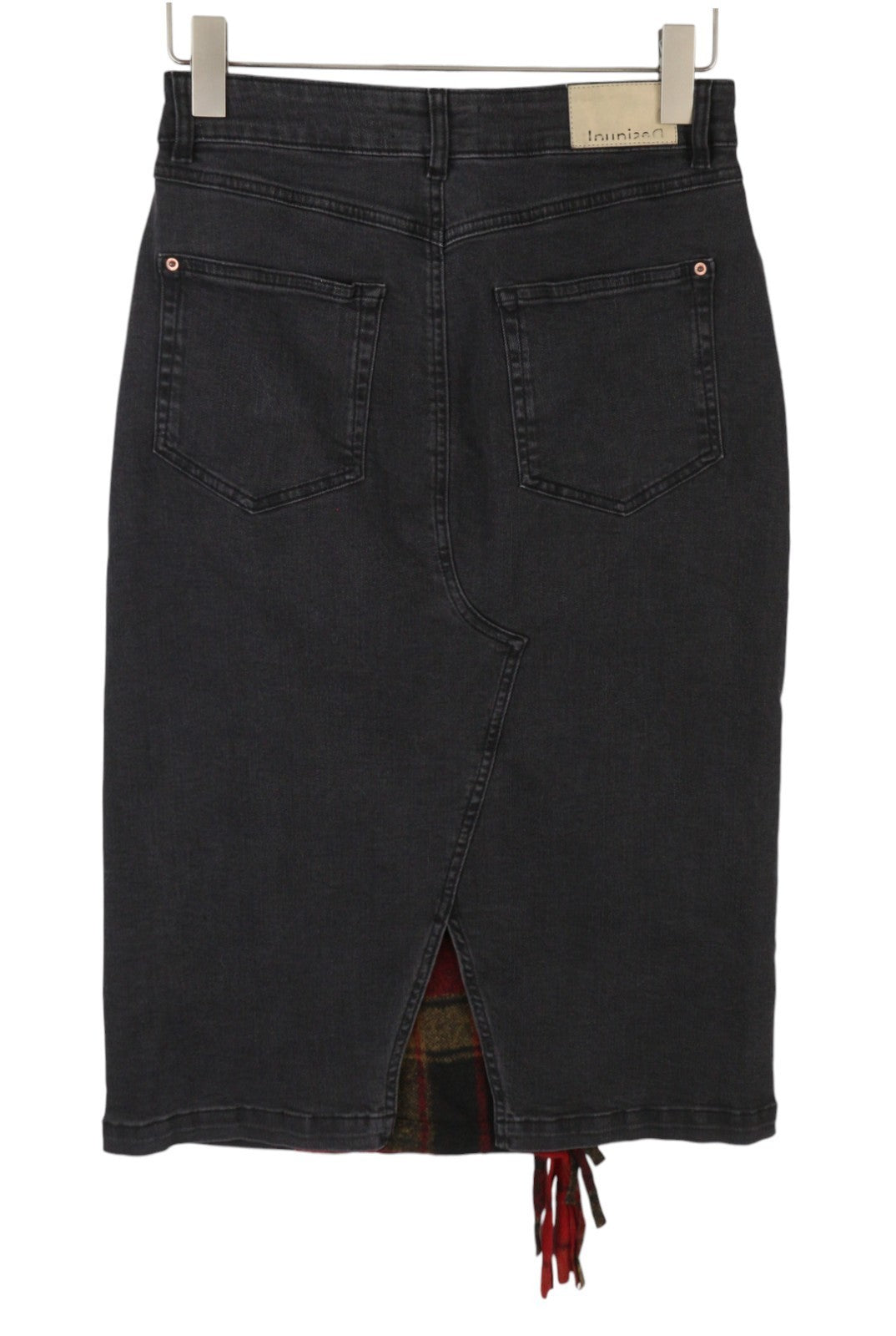 DESIGUAL Fal Dora Women Skirt XS Black Denim Check Fringe Slim Knee Length