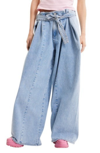 DESIGUAL moteriški džinsai „Denim Marte“, L, W32, mėlyni, išblukę, plataus kirpimo, su klostėmis šonuose