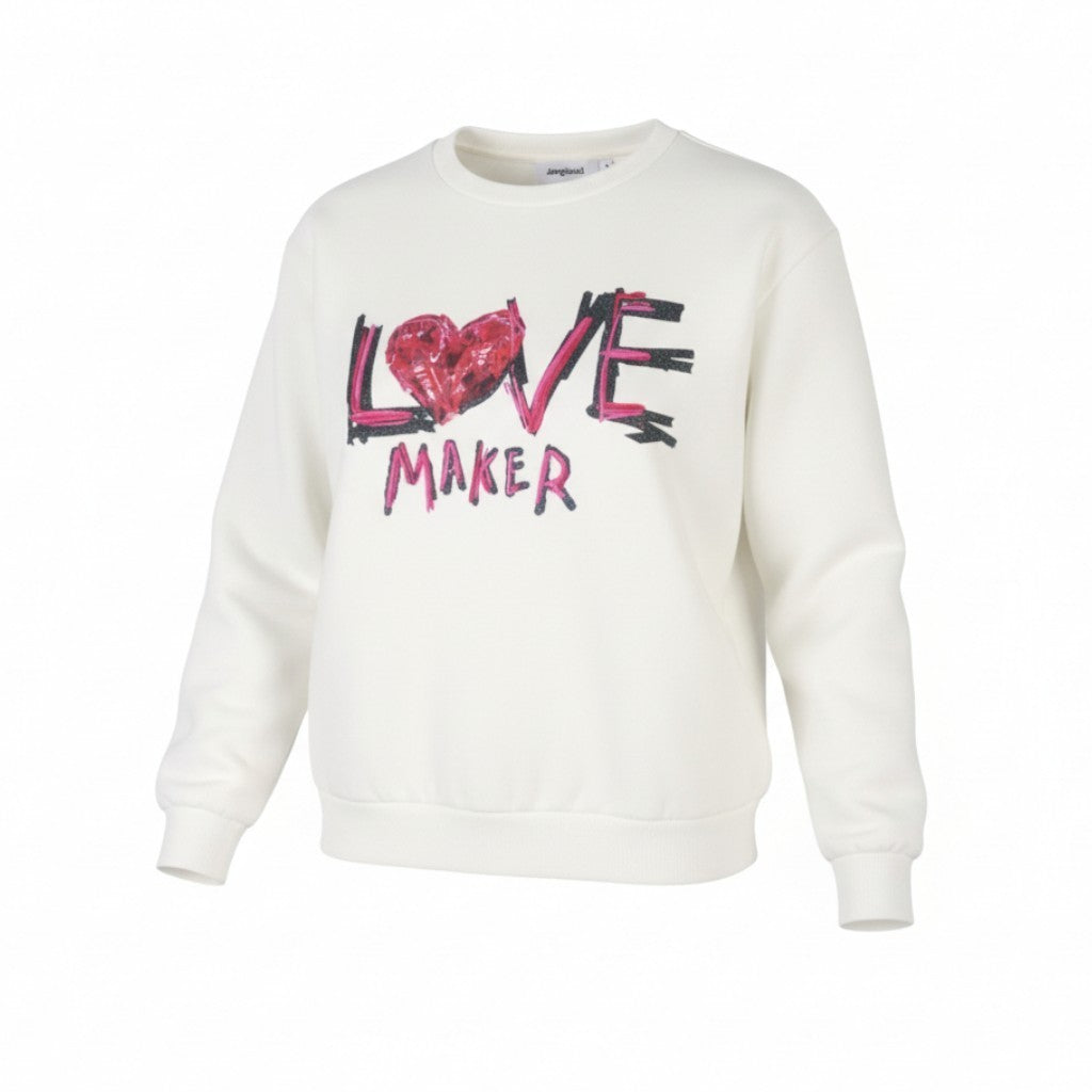 DESIGUAL Maker Women Sweatshirt S White Glitter Embroidered Crew Pull On