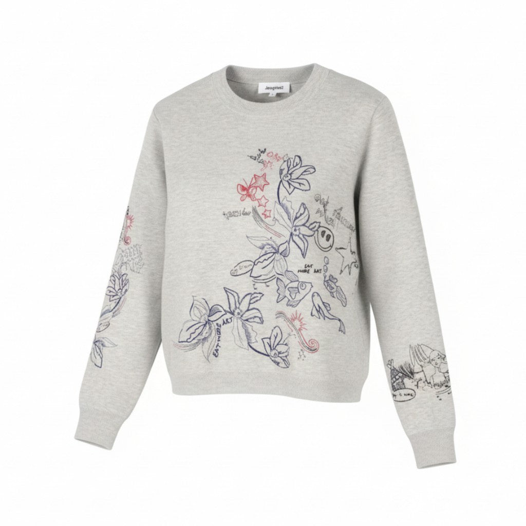 DESIGUAL Jers Laia Women Jumper L Grey Melange Embroidered Knit Pull On