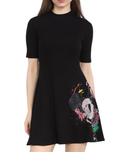 DESIGUAL Disney Mickey Morro Women Dress XL Black Rib Knit Mock Neck Mini