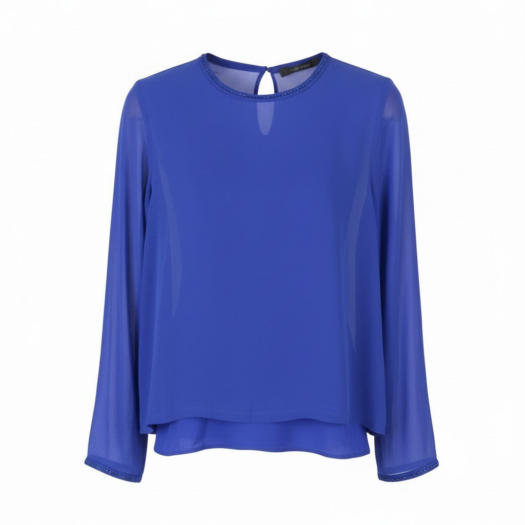 MAX MARA Women Blouse EU36 S Blue Silk Rhinestone Detail Long Sleeve 2in1