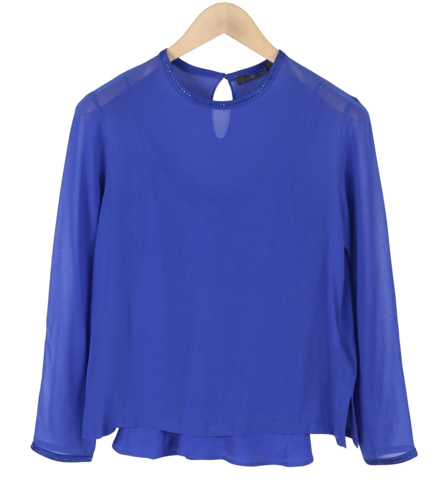 MAX MARA Women Blouse EU36 S Blue Silk Rhinestone Detail Long Sleeve 2in1
