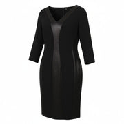 MARINA RINALDI Women Dress EU46 Black Wool Mix V-Neck 3/4 Sleeve Knee Length