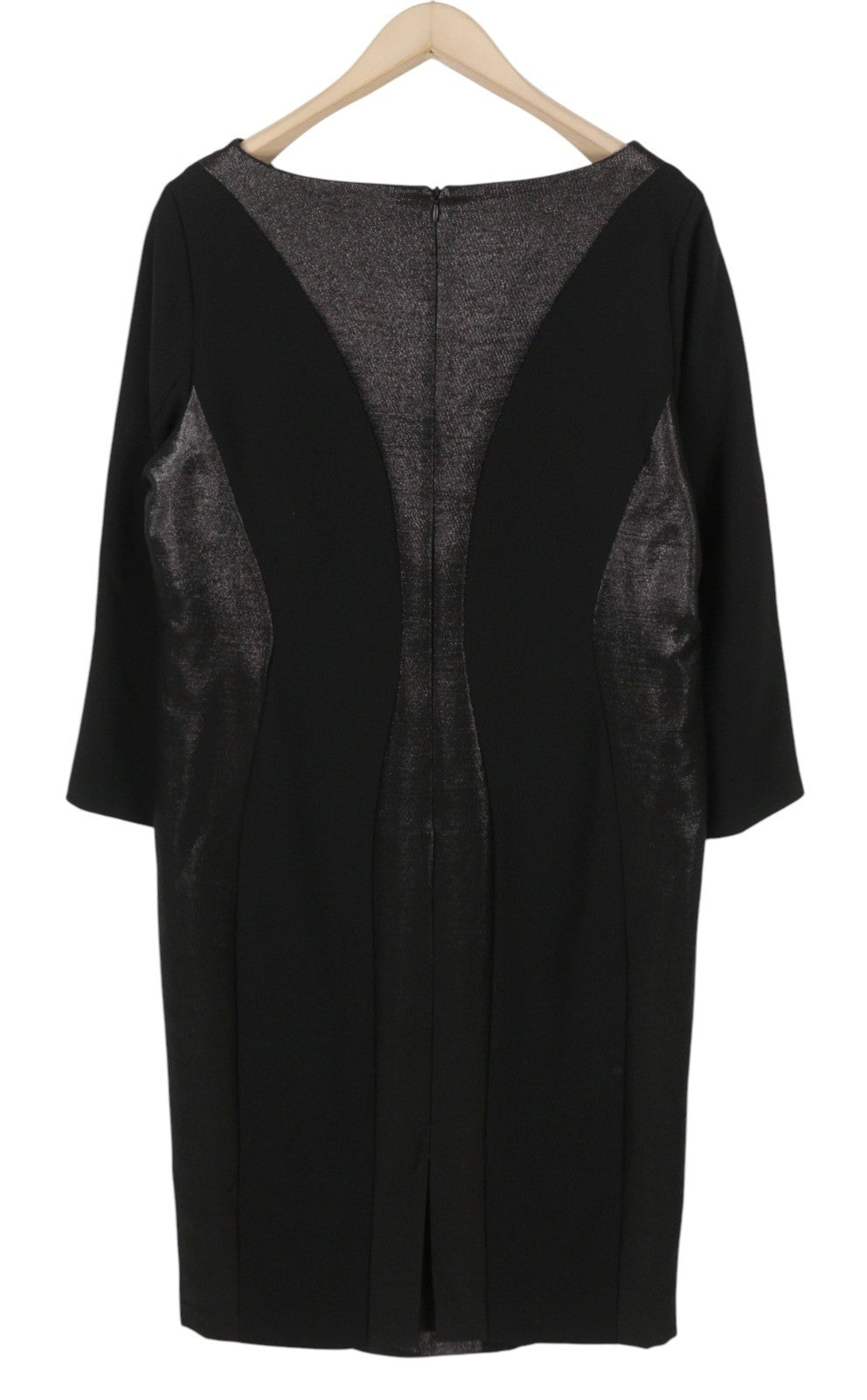 MARINA RINALDI Women Dress EU46 Black Wool Mix V-Neck 3/4 Sleeve Knee Length