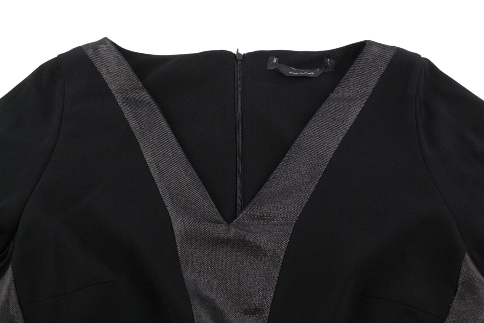 MARINA RINALDI Women Dress EU46 Black Wool Mix V-Neck 3/4 Sleeve Knee Length