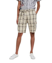 DESIGUAL Marc Men Shorts W30 Beige Linen Blend Plaid Belted Zip Fly Cargo