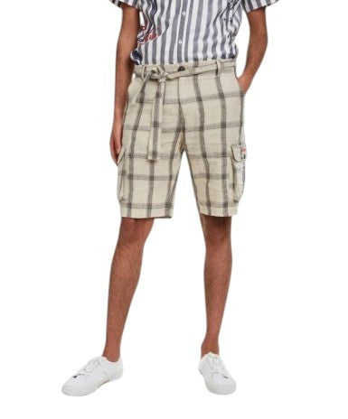 DESIGUAL Marc Men Shorts W30 Beige Linen Blend Plaid Belted Zip Fly Cargo