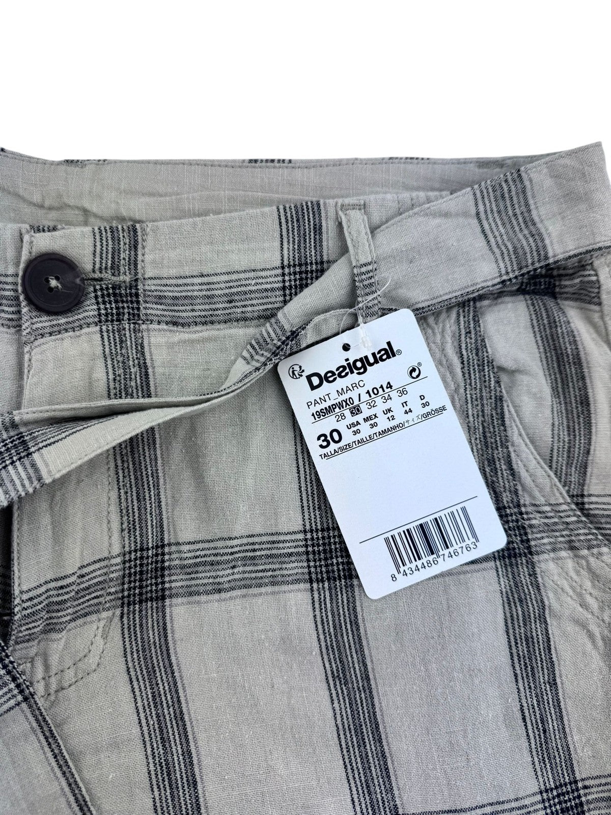 DESIGUAL Marc Men Shorts W30 Beige Linen Blend Plaid Belted Zip Fly Cargo